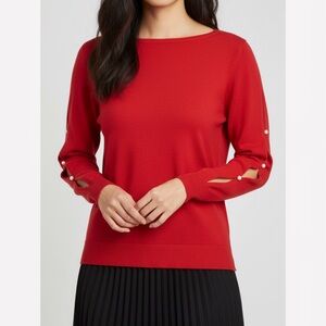 Charter Club 100% cashmere Red Sweater with Pearl Accents and split sleeve